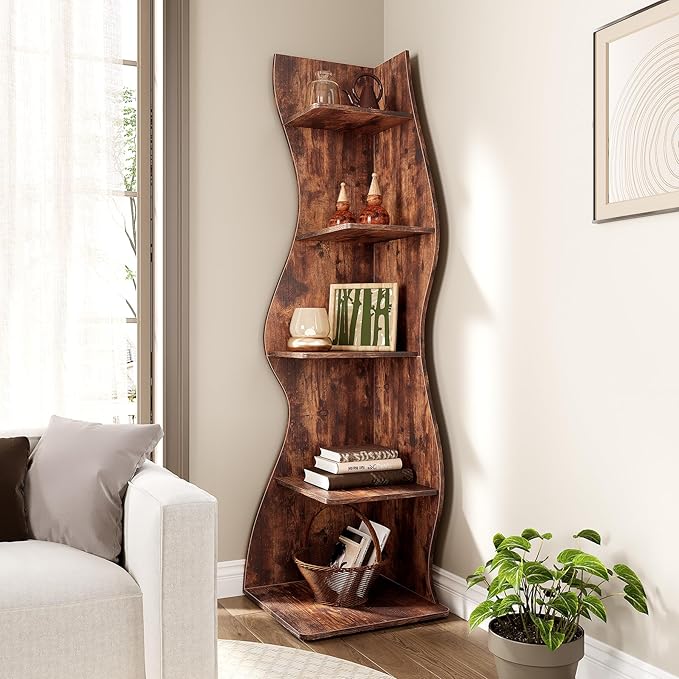 LITTLE TREE 70-Inch Corner Shelf, Seaweed Shaped Etagere Display Bookshelf, Freestanding 5-Tier Wall Shelves for Small Spaces, Living Room, Bedroom, Rustic, 1 Pack