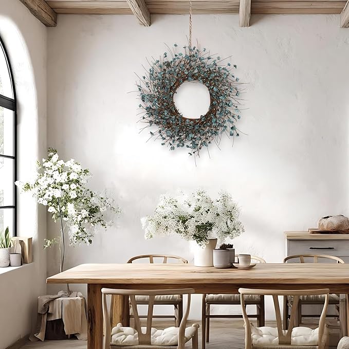 Blue Wildflower Wreath with Berries, 26 Inch Handmade Spring Summer Decoration for Front Door Wall Wedding Party, Indoor/Outdoor Artificial Floral Wreath (Navy Blue)
