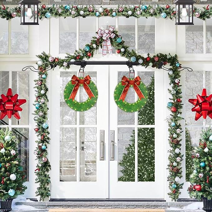 Adjustable Over-The-Door Garland Hanger, Heavy Duty Wreath Hanger for Front Door, No Nails or Screws Damage-Free, Fits Standard Door Frame Depths 34-42 Inch, Black