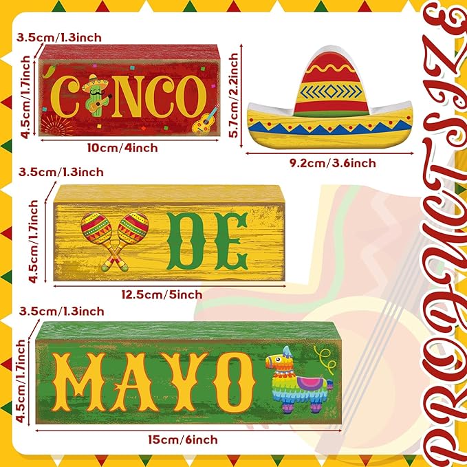 Yuntau 4 Pcs Cinco De Mayo Decorations Wooden Mexican Table Farmhouse Cinco De Mayo Tiered Tray Decor Fiesta Stacked Blocks Tabletop Decorative Book Mexican Centerpieces for Carnival Shelf Home
