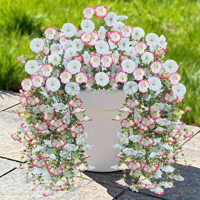 Artificial Hanging Flowers for Outdoors, 2 PCS UV Resistant Faux Silk 150 Morning Glory Each Trailing Vines, Fake Plants for Spring Outdoor Garden Planter Porch Patio Decoration, Blue & White