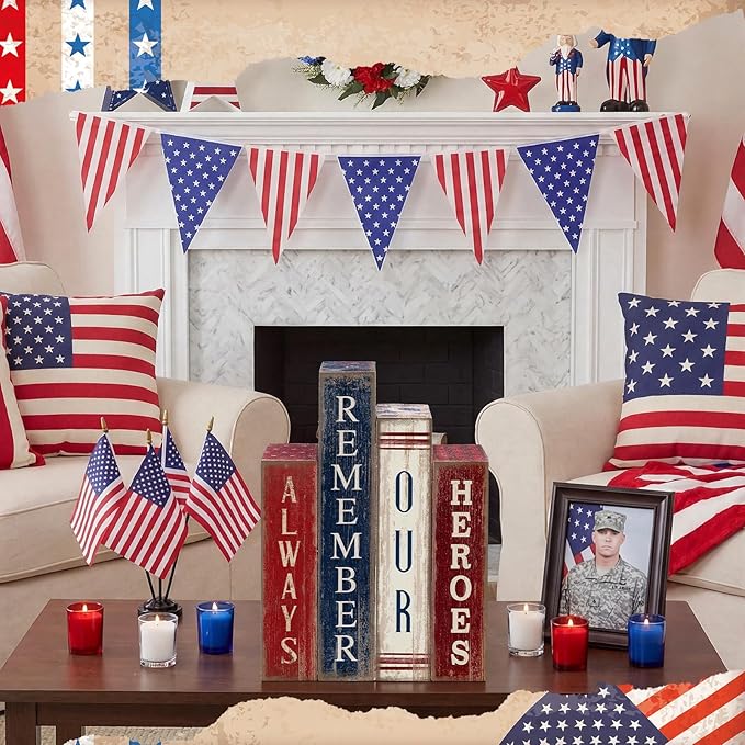 Lineshading 4 Pcs 4th of July Table Decoration Wooden Book Always Remember Our Heroes America Decor Patriotic Tiered Tray Decor Red White Blue Memorial Day Block Signs for 250th Anniversary Home Shelf