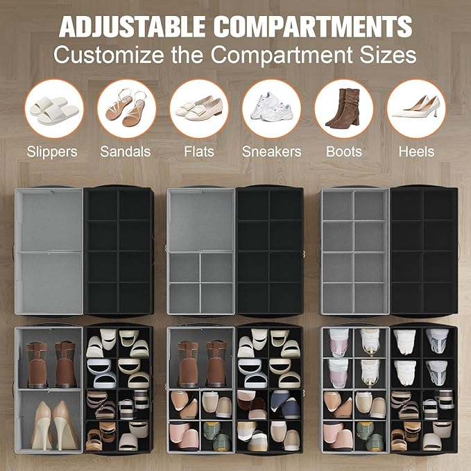 2 Pack Shoe Organizer for Closet,Foldable Shoe Storage Organizer with Adjustable Dividers, Shoe Storage Box with Clear Cover, Fits up to 16 Pairs,Black & Gray