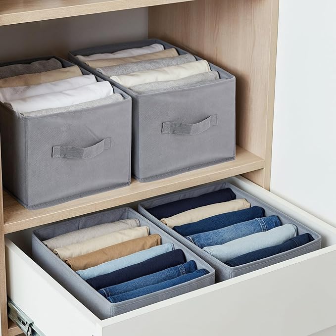 4 PCS Jean Organizer for Closet, 7 Grids Foldable Wardrobe Clothes Organizer, Stackable Fabric Closet Organizers and Storage for T Shirt Jean Sweater Shirt Pants