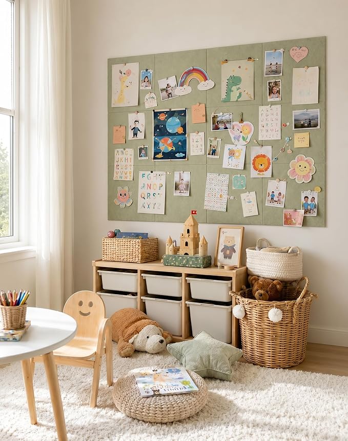 Aothia Felt Bulletin Board Tiles for Wall, 12 Pack Large 48" x 36", Felt Wall Tiles Cork Board Alternative, Adhesive Bulletin Board Tiles for Office, Classroom & Home, Sage Green