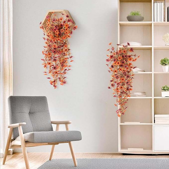 Artificial Fake Hanging Flowers Plants for Outdoor Fall Decoration,2PCS Faux Silk Daisy with Eucalyptus Leaves,UV Resistant Look Real for Outside Home Indoor Planter Porch Patio Yard Autumn Decor