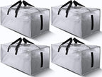 4 Pack Large Strong Bags with Zippers & Carrying Handles - Water-Resistant - Heavy Duty Storage Tote for Space Saving Storage, Fold Flat, Alternative to Moving Box (Silver)