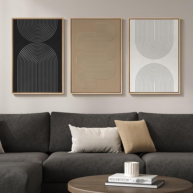 3D Textured Framed Boho Neutral Abstract Wall Art for Bedroom Decor, 3 Piece Modern Artwork for Walls, Black White Brown Minimalist Geometric Paintings for Living Room, Dining Room Wall Decor 16x24 In