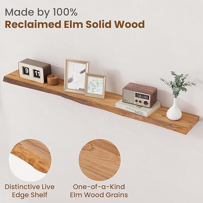Floating Shelves for Wall Decor, Rustic Solid Elm Wood Live Edge Floating Shelves Wall Mounted, Wall Shelves with Invisible Bracket for Living Room Bathroom Bedroom Kitchen, 55 Inch, Natural