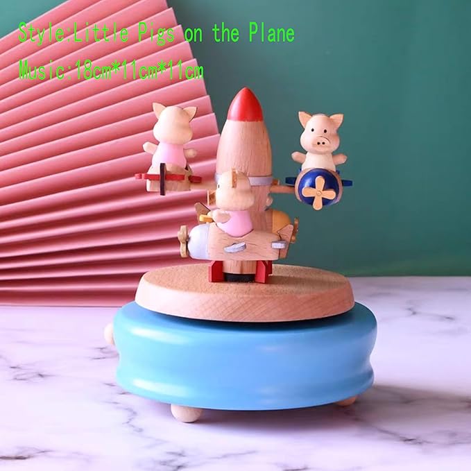 Natural Solid Wood Handcrafted Beech Wooden, Musical FigureTotoro/Carousel/Fairy/Ballerina Figurine,Rotating Hand Crank Mechanism Music Box,Musical Decorations (Little Pigs on the Plane)