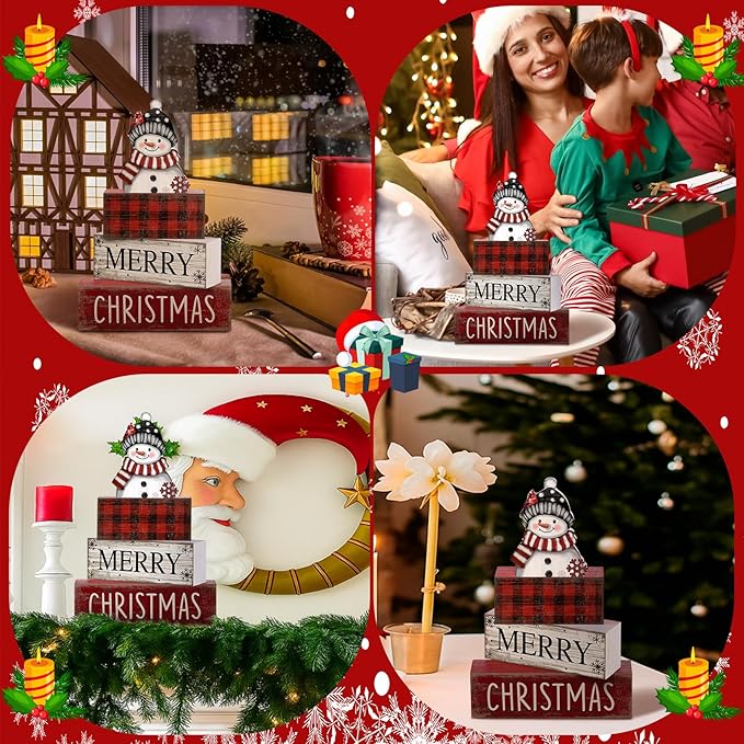 Lineshading 4 Pcs Christmas Table Decoration Wooden Snowman Decor Christmas Tiered Tray Decor Red Buffalo Plaid Block Signs Snowman Table Centerpiece Farmhouse Winter Decoration for Home Kitchen Shelf