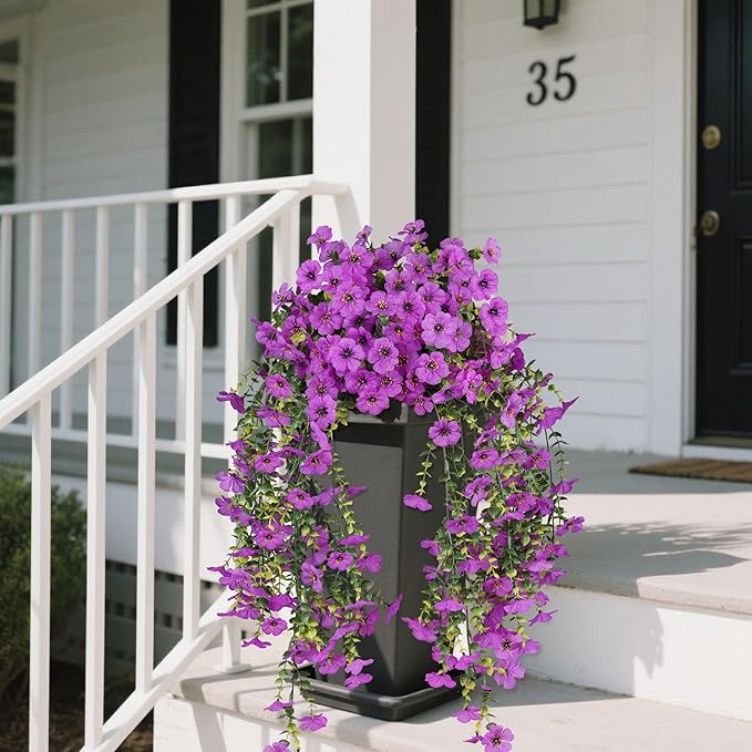 2PCS Artificial Flowers for Outdoors, UV Resistant Fake Silk Flowers for Outside, Realistic Faux Plants for Hanging Baskets, Planters - Porch, Patio, Garden Décor (Purple)