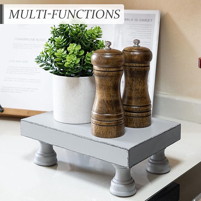 EOSAHR Decorative Wood Riser for Display : Modern Farmhouse Pedestal Stand for Home & Kitchen Decor and Stylish Soap Stand for Sink - Rustic Bathroom Counter Tray and Countertop Organizer (Light Gray)