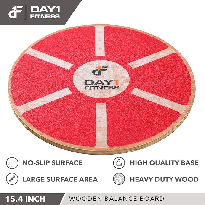 Day 1 Fitness Balance Board, 15.4” – RED - 360° Rotation, for Balance, Coordination, Posture - Large, Wooden Wobble Boards with 15° Tilting Angle for Workouts - Premium Core Trainer Equipment