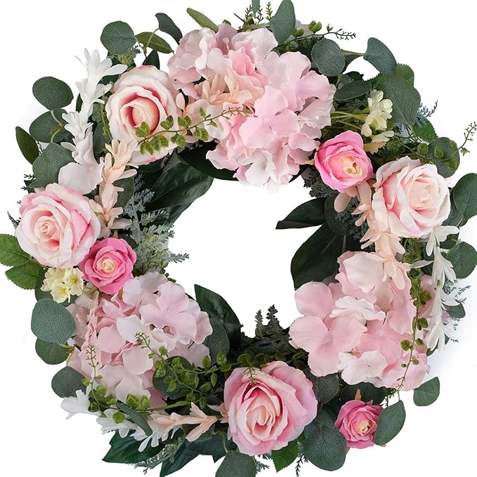 Artificial Pink Rose Wreath - 20 Inch Front Door Wreath with Hydrangea Leaves for Spring, Valentine's, Mother's Day, Wedding & Home Decor