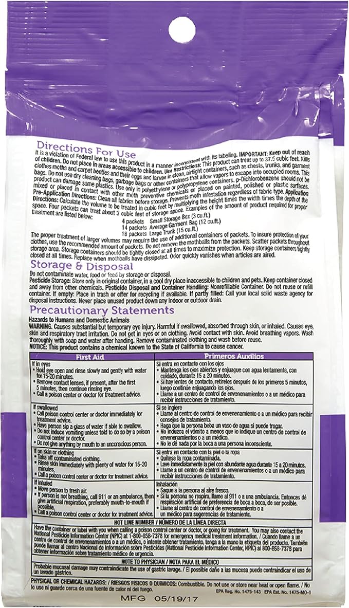 Enoz Moth-Tek Packets, Kills Clothes Moths and Carpet Beetles, Resealable Bag, Single Use Packets, Lavender Scent, 12 oz, Pack of 6