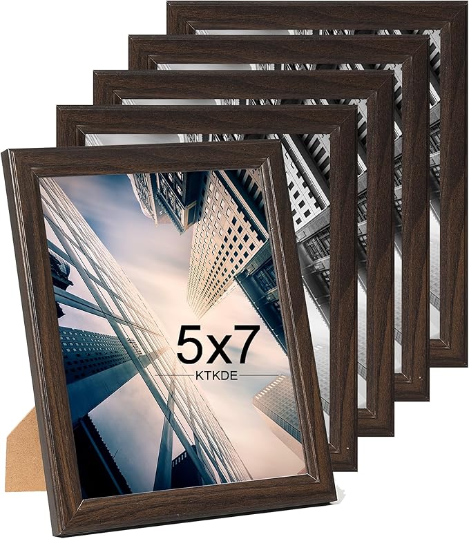 KTKDE 5x7 Picture Frame Set of 5, Wooden frames Walnut, Vertical & Horizontal Wall Hanging for Wall or Tapletop Display,Studio Gallery Photo Frame for Photos, Posters & Art Prints