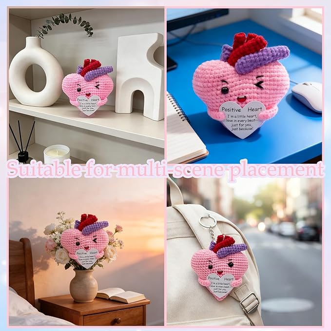 Emotional Support Positive Crochet Heart Handmade Gift and Desk Decor, Encouragement Present for Women Mother's Day Birthday Valentine's Day Galentines Multiple Holidays(Positive Heart)