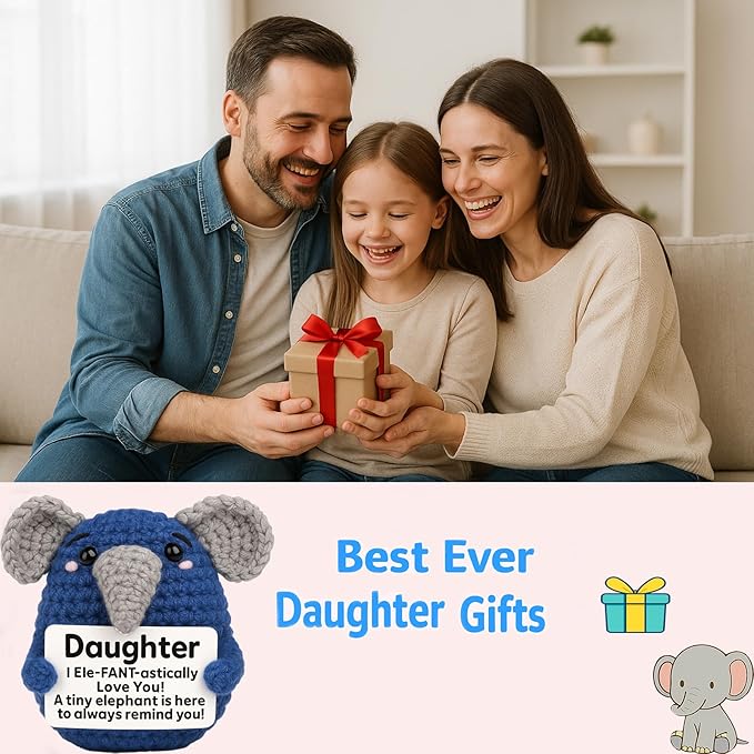 Gifts for Daughter from Mom Dad, Handmade Crochet Elephant Doll, Emotional Support Animal Gift for Girls, Cute Inspirational Gift for Daughter, Graduation Gift Idea