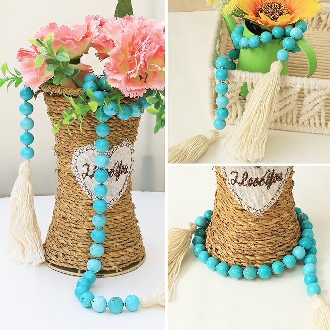 Gemstone Bead Garland with Tassel,31inch Farmhouse Rustic Country Table Decor Prayer Healing Beads Boho Wall Shelf Hanging Decoration (Turquoise Ball)