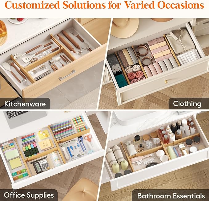 Lifewit 2.4" High 8 Pack Bamboo Drawer Dividers 33-42cm/13-16.5" Adjustable Wooden Drawer Organizer for Clothes/Utensils, Expandable Drawer Separator for Dresser/Kitchen/Bedroom/Office Organization