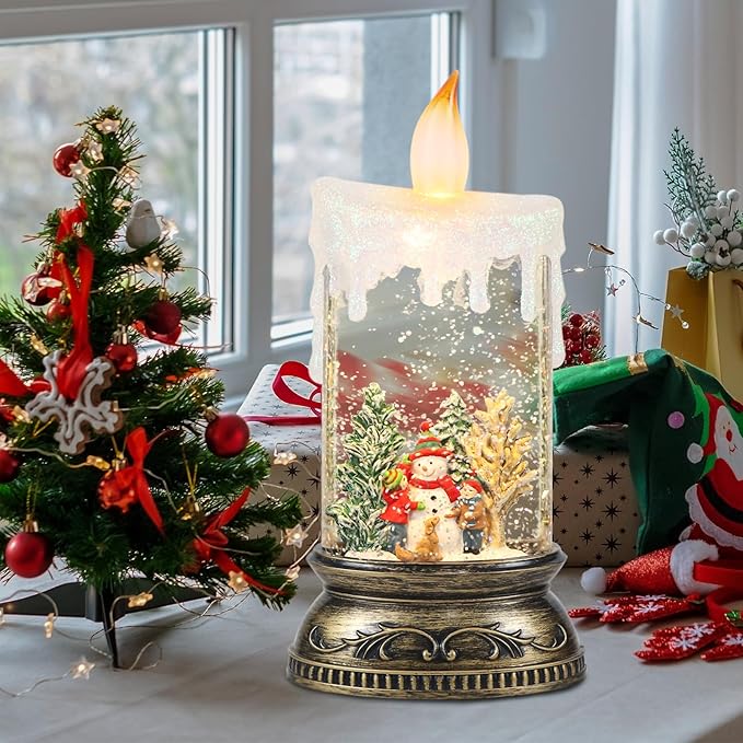 GenSwin Christmas Snow Globe Candle, Swirling Glittering Candle with Timer and Music, Red Hat Snowman and Kids Scene Lantern, USB/Battery Operated Candles for Christmas Decor