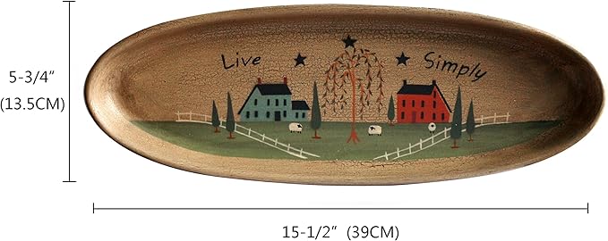 CVHOMEDECO. Primitive Rustic House Willow Tree Sheep Wood Decorative Plate Oval Crackled Display Wooden Plate Home Décor Art, 15-1/2 X 5-3/4 Inch