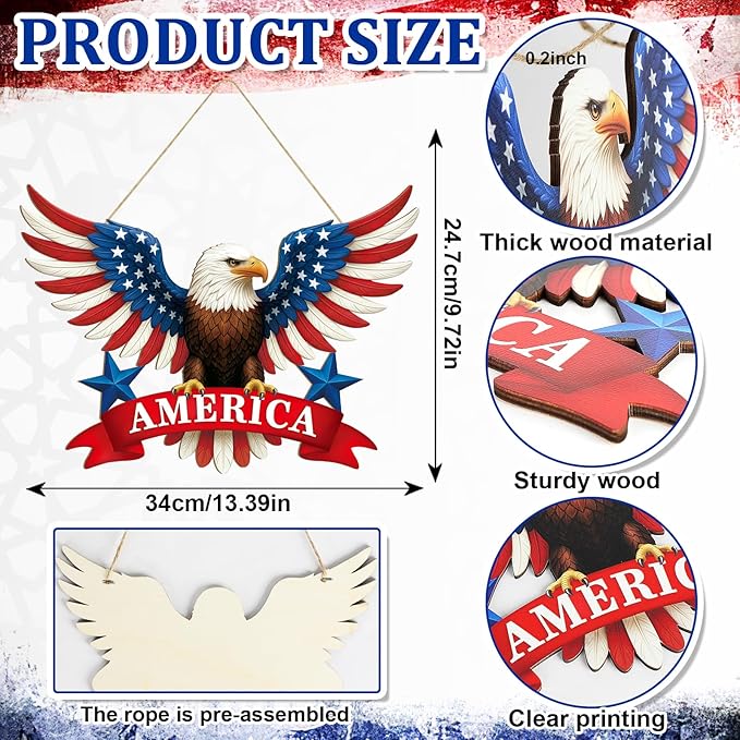 Wooden 4th of July Decoration Door Wreath for Front Door Sign America Eagle Wall Signs,250 Anniversary Independence Day Patriotic Day Wreath Welcome Memorial Day Hanging for Home Party Outdoor Indoor