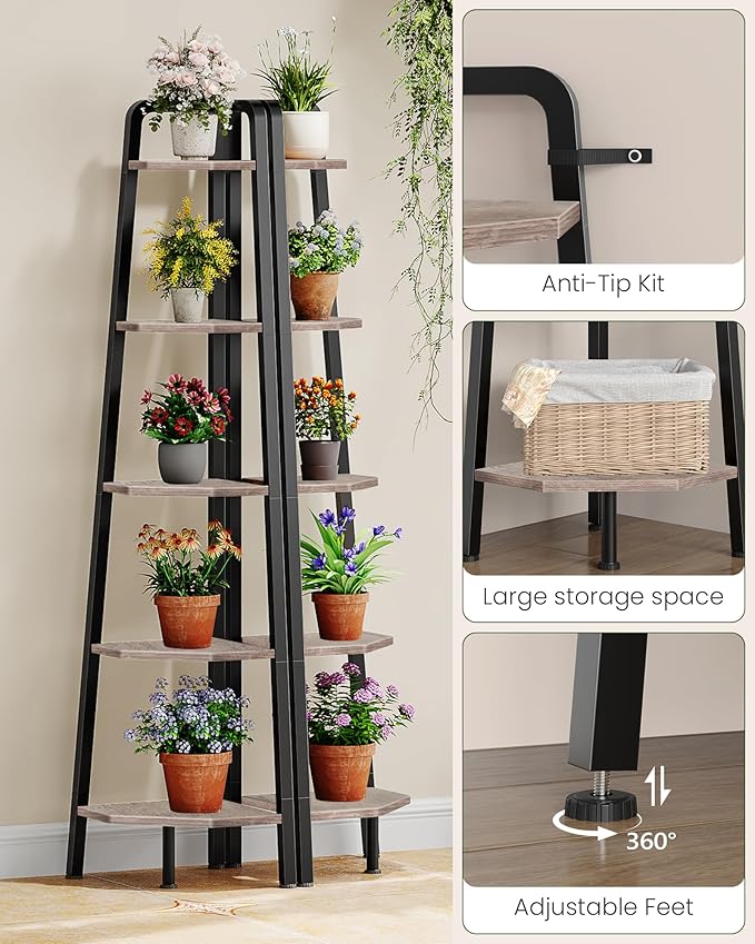 CHOEZON Corner Shelf, 5-Tier Ladder Corner Shelf, Ladder Bookshelf, 59.6" Tall Vertical Display Stand, Metal Frame Bookshelf, for Living Room, Bedroom, Kitchen, Greige and Black TCJ20BG