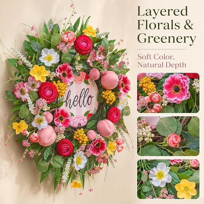 Spring Summer Wreaths for Front Door 24 Inch with Cherry Blossom,Pink Roses & Hello Sign,Summer Door Wreath for Entryway,Porch & Home Décor Indoor Outdoor