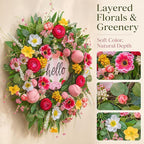Spring Summer Wreaths for Front Door 24 Inch with Cherry Blossom,Pink Roses & Hello Sign,Summer Door Wreath for Entryway,Porch & Home Décor Indoor Outdoor