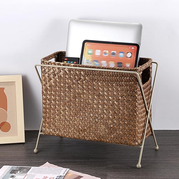 BTSKY Magazine Basket, Mail Basket for Counter, Woven Storage Bin with Metal Rack & Handle for Files, Books, Newspapers, Desktop Organizer for Office, Living Room, Dorm, Bathroom, 12"x5.7"x8.7"