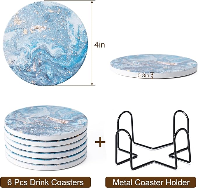 Hoewina 6Pcs Drink Coasters with Holder, Marble Style Ceramic Drink Coaster, Absorbent Coasters Set Suitable for Kinds of Cups, Modern Style Coaster for Coffee Table, 4 Inches（Style 9）