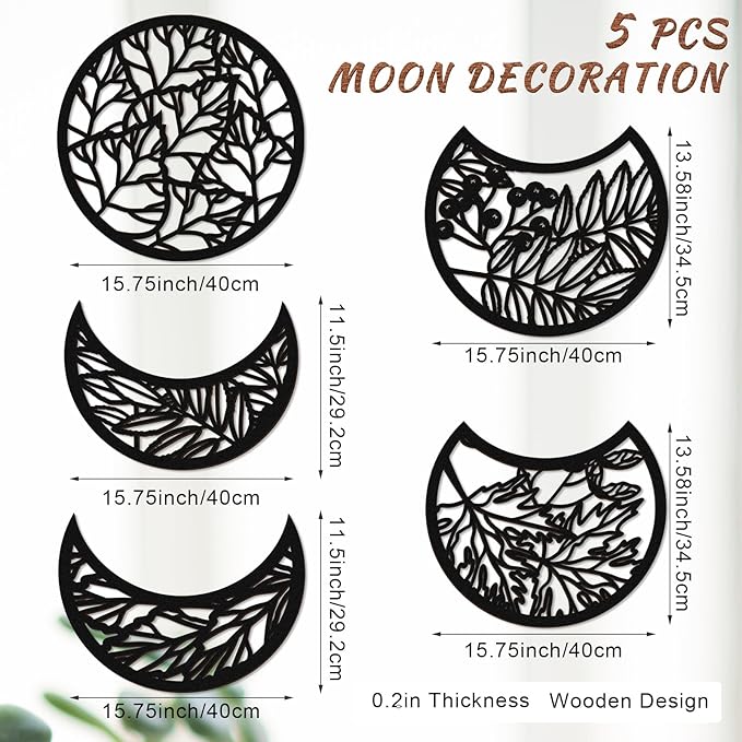 Jetec 5 Pcs Moon Phase Wall Art Decor Wall Pediments Hanging Wooden Phase Spiritual Bedroom Nordic Boho Lunar Aesthetic Art for Living Room Dorm Apartment Ornament(Dark Black,15.75 Inch,Botanical)