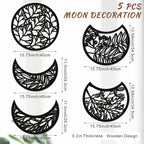 Jetec 5 Pcs Moon Phase Wall Art Decor Wall Pediments Hanging Wooden Phase Spiritual Bedroom Nordic Boho Lunar Aesthetic Art for Living Room Dorm Apartment Ornament(Dark Black,15.75 Inch,Botanical)