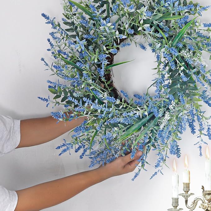 26'' Large Lavender & Eucalyptus Wreath for Front Door - Artificial Eucalyptus Leaves Greenery Outdoor Wreath for Wedding Farmhouse Porch Wall Room Home Decor (Blue)