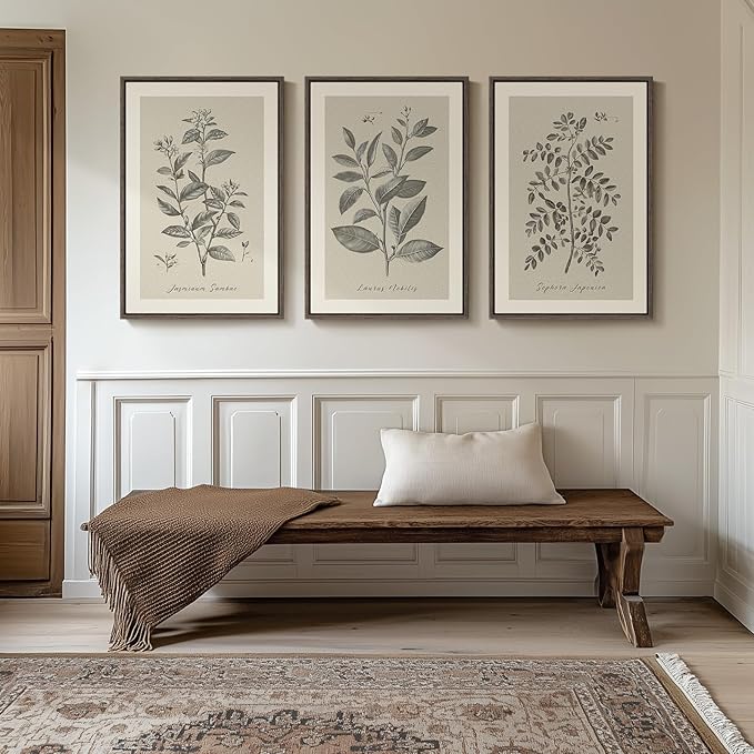 Large Framed Botanical Wall Art for Living Room, 3 Piece Neutral Plant Canvas Painting Prints Artwork for Farmhouse Walls, Vintage Floral Pictures for Bedroom Kitchen Hallway Wall Decor, 20x30 Inch