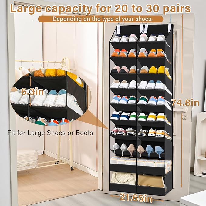 20-30 Pairs Over the Door Shoe Organizer,Side Clear Hanging Shoe Organizer,10-Tier Shoe Storage with 2 Flat Storage Layers,Door Shoe Organizer Fit All the Family’s Sneakers, Boots, Heels,Black
