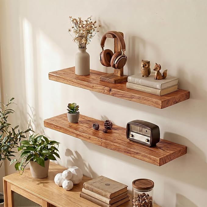 30 Inch Floating Shelves, Solid Wood Wall Shelves, 8 Inch Deep Floating Shelf – for Bathroom, Bedroom, Living Room, Kitchen, Home Decor & Storage, Heavy-Duty Wooden Shelf Wall-Mounted, Set of 2