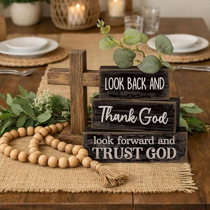 Lineshading 4 Pcs Christian Table Decor Inspirational Gifts for Women Look Back and Thank God Look Forward and Trust God Wooden Block Signs Farmhouse Christian Centerpiece for Mother's Day Home Office