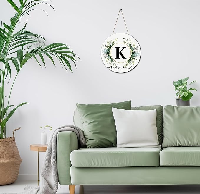 Monogram Letter K Wreaths for Front Door Wreath Wooden Welcome Sign for Front Door Decor Floral Family Last Name Initial House Warming Spring Summer Porch Rustic Wall Home Kitchen Boho Decorations
