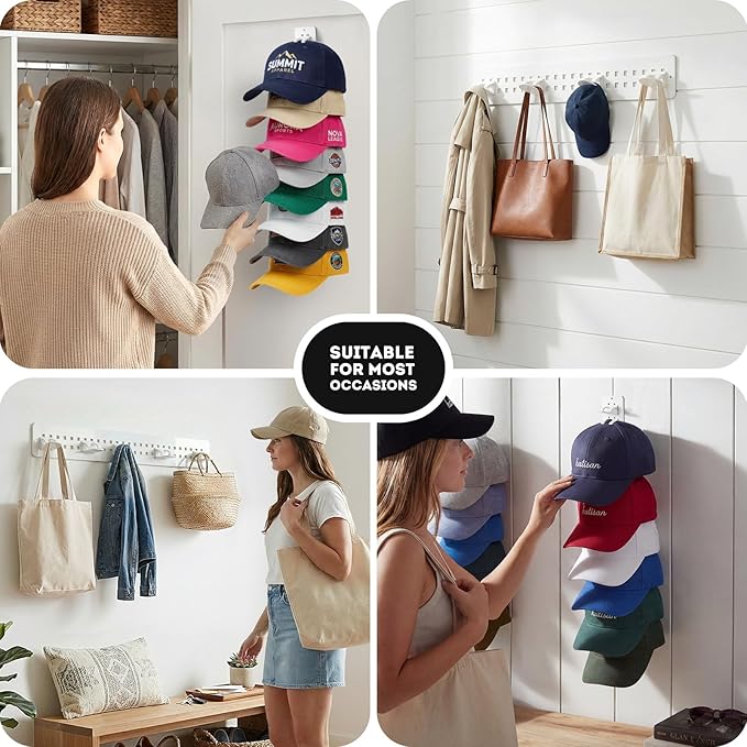 2 Pack Hat Rack Board for Baseball Caps,Hat Rack for Wall, Hat Holder Wall Mount Cap Holder Hat Hangers for Wall Closet Door Bedroom(White)