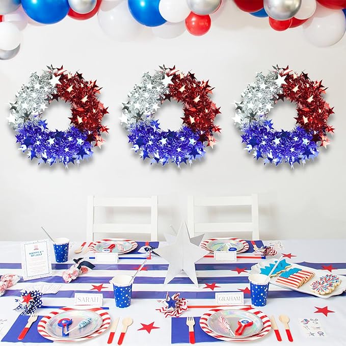 TORONTOKYO 3 Pcs Patriotic Tinsel Wreath for Front Door 11.81 Inch Red White Blue Memorial Day Wreath with Stars 4th of July Decorations for Independence Day Wall Home Farmhouse