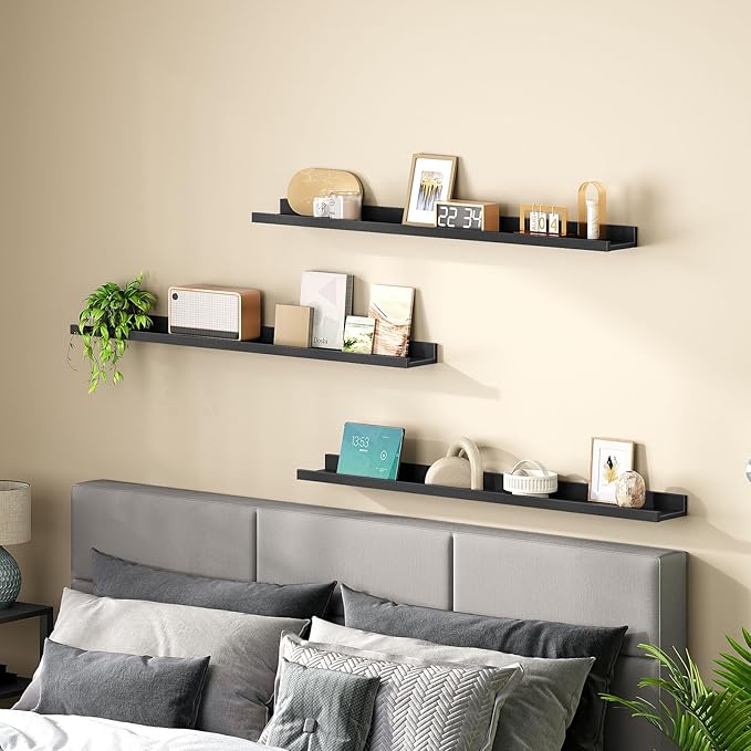 HOOBRO Floating Shelves, Wall Shelf Set of 3, 47.2 Inches Hanging Shelf with Raised Edge and Invisible Brackets, for Bathroom, Bedroom, Kitchen, Office, Living Room Decor, Black BK92BJ01