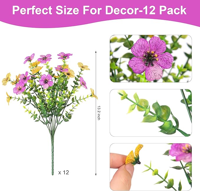 Artificial Fake Mums Flowers for Outdoor Spring Summer Decor, 12 Bundles Faux Silk Plants Daisy for Planter Pot Colorful UV Resistant Look Real for Front Door Porch Patio Outside Yard(Purple Yellow)