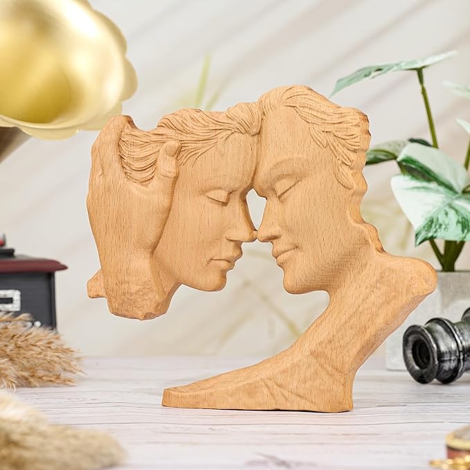 BGCOPPER Wooden Couple Statue, Abstract Couple Sculptures Ornament for Home Decor Women Gift for Anniversary Wedding (8 Inch)