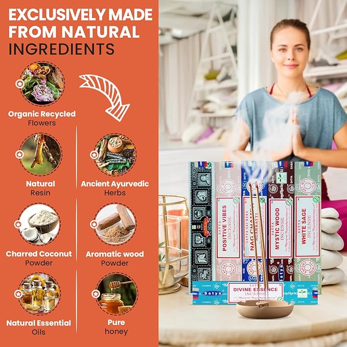 Assorted Incense Sticks Pack of 6 Premium Scents - Includes Nagchampa, Super Hit, Divine Essence, Mystic Wood, Positive Vibes, White Sage - Aromatherapy, Meditation, Relaxation, Soothing Fragrances