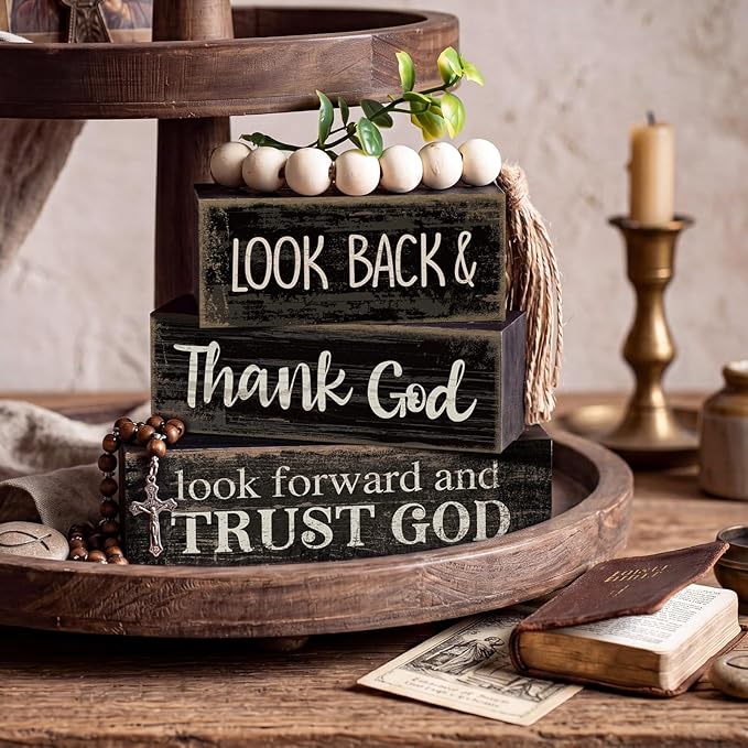 Moucuny 4 Pcs Farmhouse Table Decor Inspirational Wooden Signs Rustic Eucalyptus Leaves Wooden Block Sign Gift Thank and Trust God Farmhouse Table Centerpiece for Living Room Housewarming Gift
