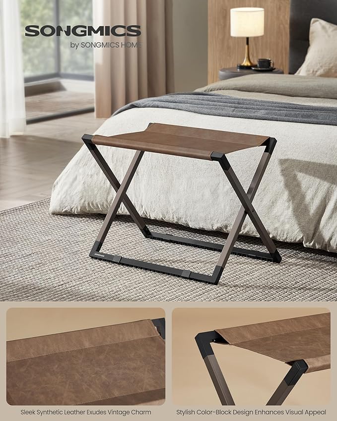 SONGMICS Luggage Racks, Set of 2 Foldable Suitcase Stands, Metal Luggage Holders, Synthetic Leather, Easy to Assemble, for Guest Room, Hotel, Bedroom, Walnut Brown and Ink Black URLR010K02
