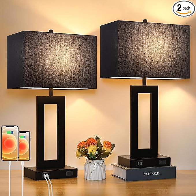 Set of 2 Touch Control Table Lamps with 2 USB Ports&AC Outlet, 3-Way Dimmable Modern Nightstand Lamp Sets, Bedside Black Lamps for Bedroom Living Room End Tables Reading, Bulbs Included, Black Shade
